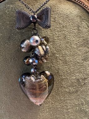 Gunmetal Heart Drop Necklace with Mesh Bow
